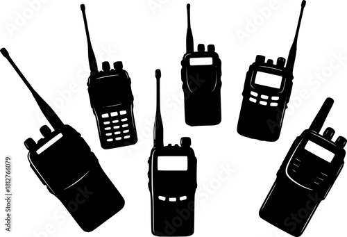 Five black walkie talkie radio communication devices shown in silhouette against a white background	