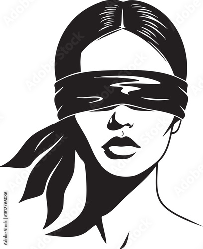 Black and white silhouette of a woman with a blindfold isolated on transparent background