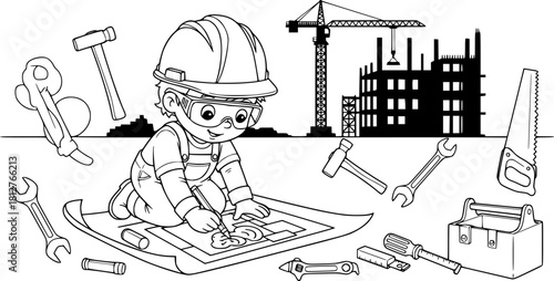 Child engineer coloring page, construction tools, career vector silhouette illustration isolated on white background

