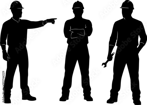 Construction worker silhouettes in hard hats, standing poses, labor safety concept, industrial workforce vector, black isolated figures, team illustration	
