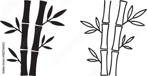 Black silhouette and outline drawing of bamboo stalks with leaves isolated on transparent background