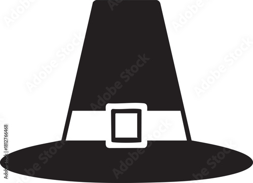 Black pilgrim hat silhouette with white buckle isolated on transparent background