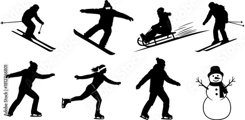 Winter activity silhouette vector illustration, skiing, snowboarding, sledding, skating, snowman building, outdoor fun, seasonal sports clipart, black figures, cold weather recreation	
