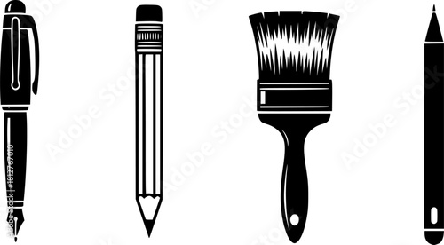 Writing and drawing tool icon set, black and white vector, pen pencil brush stylus, office stationery, sketch equipment, isolated graphic design

