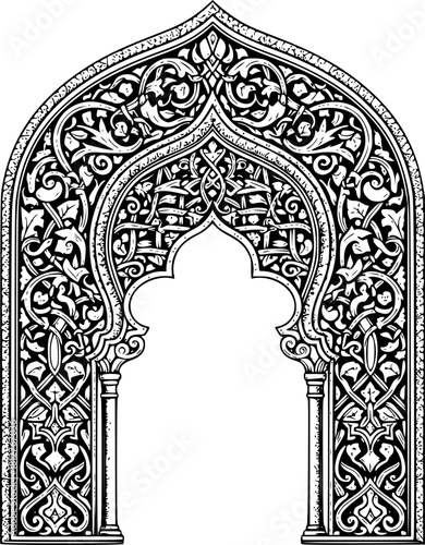 Intricate engraved arabesque arch with geometric details for retro design
