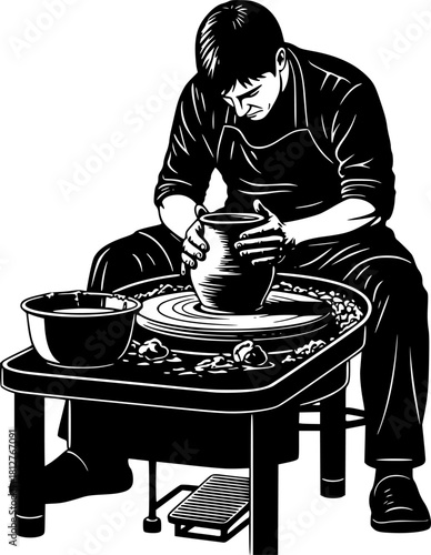 Silhouette vector of person crafting pottery on wheel	
