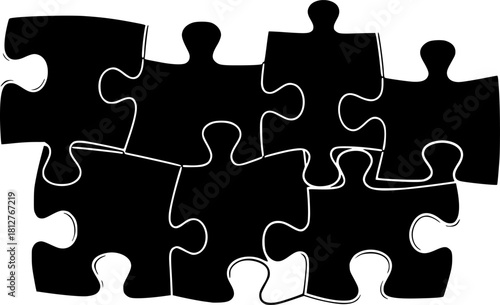 Interlocking black puzzle pieces joined together. Unity concept, teamwork and solution.	