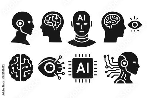 Collection of 10 Futuristic AI Icons Humanoid Profiles, Digital Brains, Robotic Eyes, Smart Chipsets in Monochrome Vector Style on White Background
