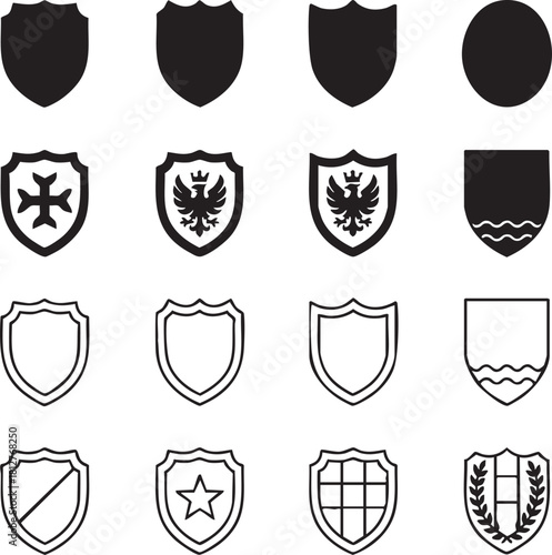 Collection of heraldic shield silhouettes and outline icons isolated on transparent background