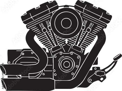 Detailed black silhouette of a powerful v twin motorcycle engine isolated on transparent background