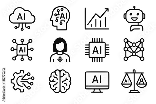 Pack of 15 Black and White AI Icons Cloud Computing, Predictive Analytics, Virtual Assistants, Ethical AI in Bold Outline Style on White Background
