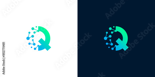 Creative initial Q logo template with dynamic data stream and network elements, ideal for technology startups and innovation brands