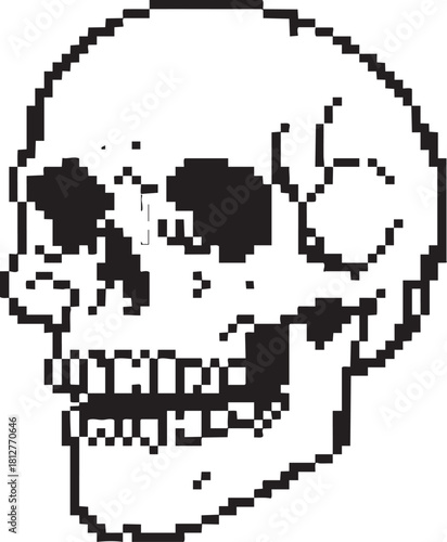Pixel art human skull silhouette isolated on transparent background