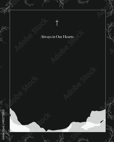funeral card with black background and white church cross. 