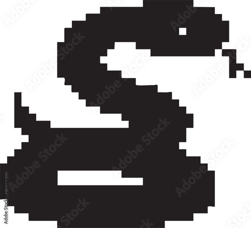 Pixelated black silhouette of a coiled snake isolated on transparent background