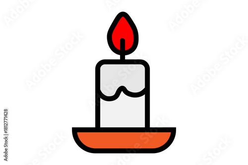 The image shows a simple, cartoon-style illustration of a lit candle. The candle is white with a slightly melted texture at the top, and it stands on an orange dish-shaped holder