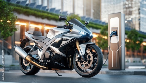 Modern electric motorcycle connected to a charging station, showing clean design, glowing cable, and futuristic urban mobility concept.