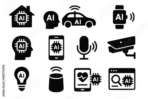 Series of 12 Technology Icons Smart Home, Autonomous Car, Wearable Tech, Voice Recognition in Flat Black Shapes on White Background