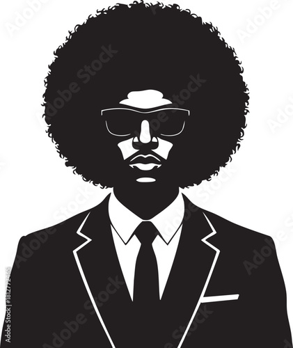 Stylish man with large afro and sunglasses silhouette isolated on transparent background