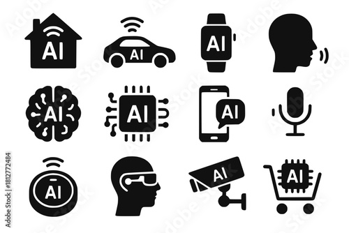 Series of 12 Technology Icons Smart Home, Autonomous Car, Wearable Tech, Voice Recognition in Flat Black Shapes on White Background