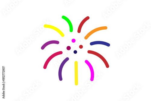 This is a minimalist and colorful illustration of a burst or explosion, strongly resembling a firework going off. It is set against a plain white background