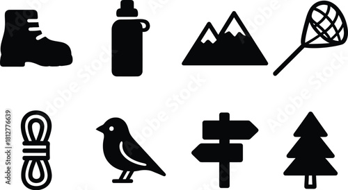 Outdoor Adventure Icon Set, Outdoor icons, Hiking gear symbols, Forest Icon Bundle – Black Silhouettes of Hiking Boot, Mountains, Rope, Bird, Tree, Water Bottle, Net, and Signpost for Nature and Campi