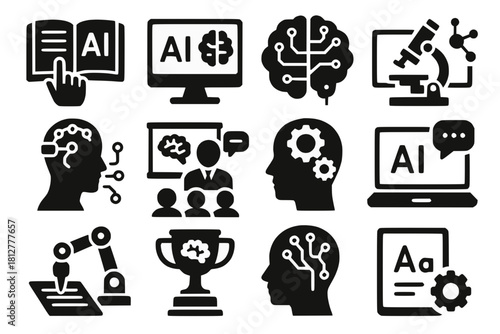 Group of AI Education and Research Icons with Digital Textbooks, Virtual Labs, Brain-Computer Interfaces and Intelligent Tutoring Systems in Black Silhouette Style on White Background