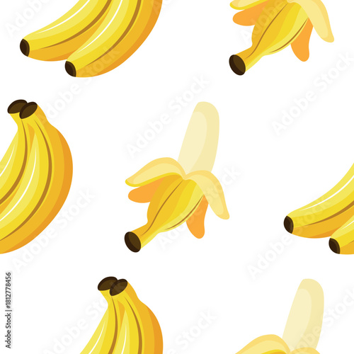 pattern with ripe, yellow bananas in a peeled state and with the skin on a white background, for packaging, backgrounds, textiles or other printing