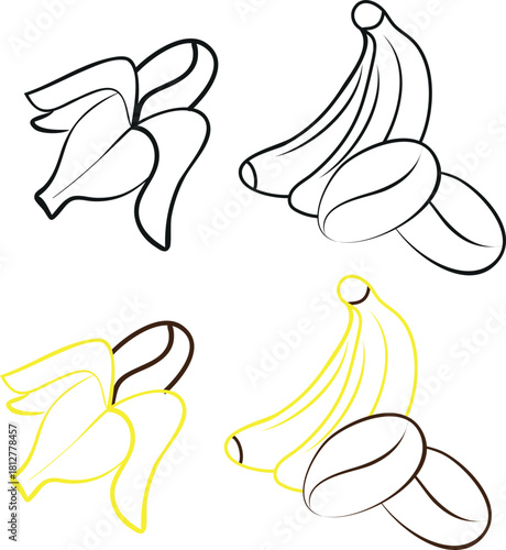 set of thematic icons on the theme of various coffee flavors, namely a combination of coffee and bananas of various shapes in line art style