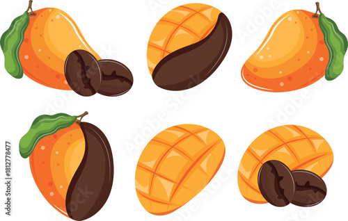 large set of themed icons on the theme of different coffee flavors, namely a combination of coffee and ripe mangoes and mango fruit icons, for cafes, restaurant menus or stickers