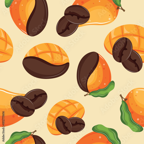 seamless pattern on the theme of various coffee flavors, namely a combination of coffee and ripe mangoes of various shapes on a yellow background, for cafes, restaurant menus or packaging