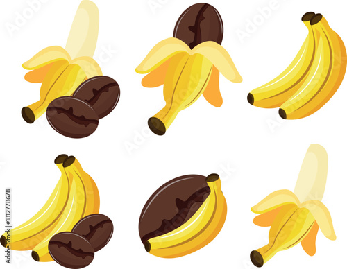 set of themed icons on the theme of various coffee flavors, namely a combination of coffee and bananas of various shapes and also icons of ripe bananas