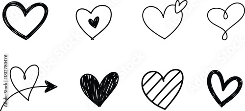 Black and white hand-drawn hearts with sketchy texture and various designs, feeling concept.