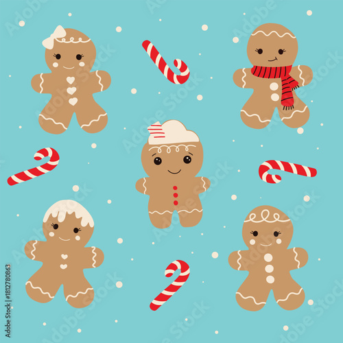 Cute Gingerbread Men and Candy Cane Pattern illustration. adorable festive gingerbread cookies decorated with icing, scarves, bows, and candy canes on a light blue snowy background