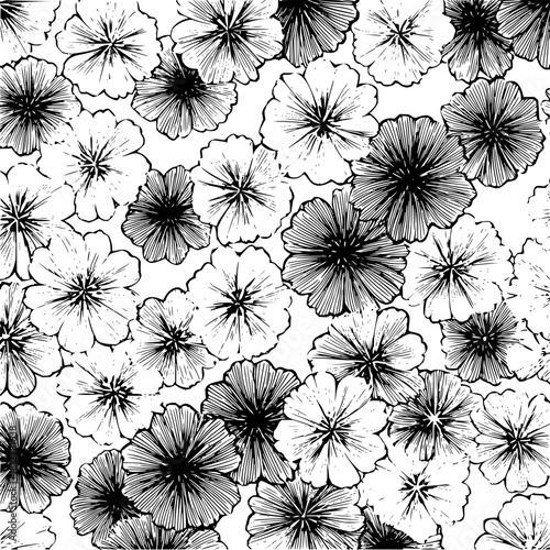 Monochrome floral pattern featuring a dense arrangement of stylized flowers on a white background
