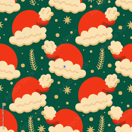 Seamless Christmas pattern with Santa hats, snowflakes and winter elements isolated on green background for wrapping paper, textiles and decor vector illustration.
