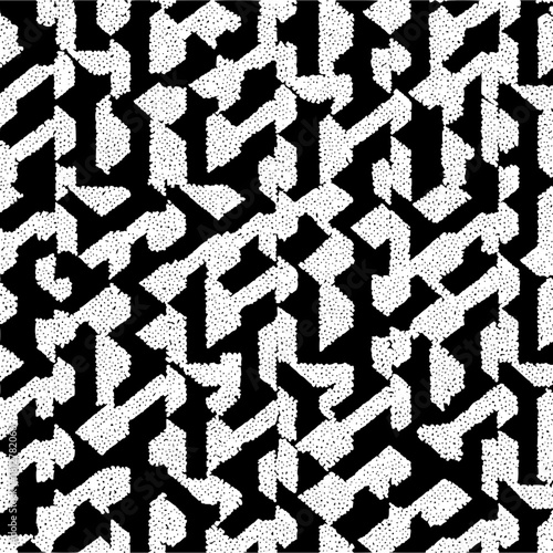 Abstract pattern of geometric shapes with white speckles on a black background creating an optical illusion