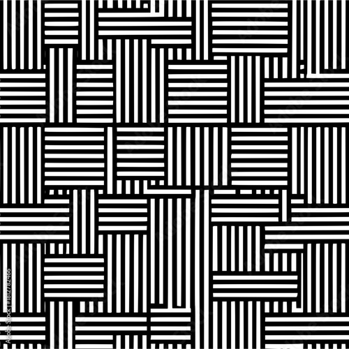 Black and white striped pattern with alternating vertical and horizontal orientations creating a complex grid