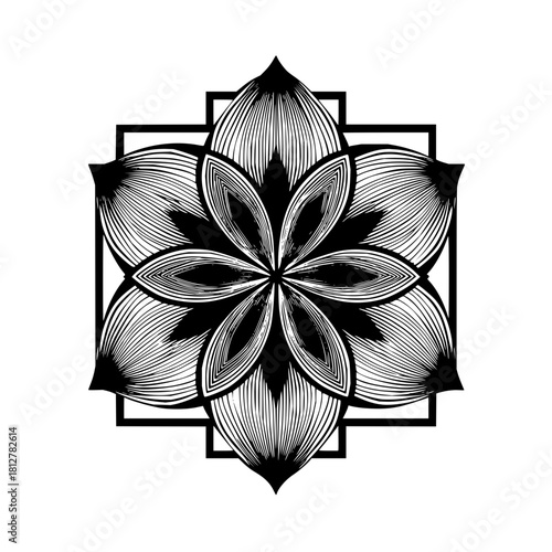Detailed black and white floral mandala with geometric square frame in symmetrical arrangement design