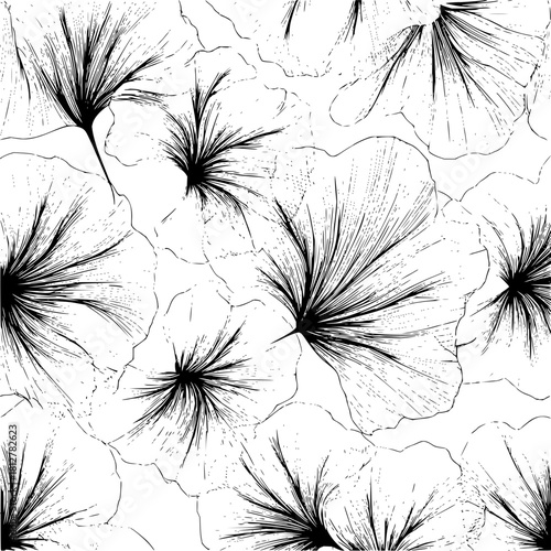 Monochrome seamless pattern featuring stylized flowers with detailed line work and textured background