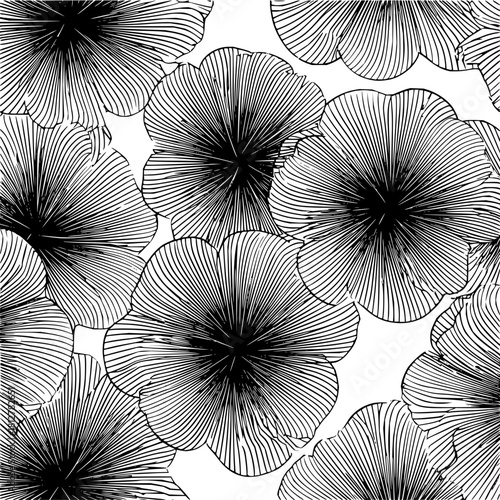 Seamless pattern of stylized flowers with intricate line details in black and white monochrome design art
