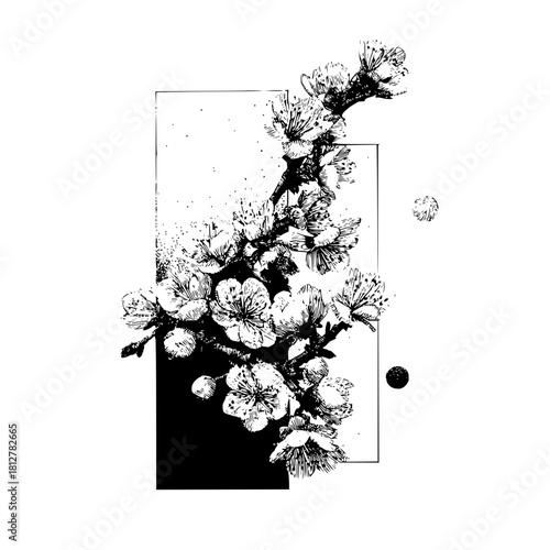 Illustration of a blooming branch with petals and a dark rectangle in the background art design