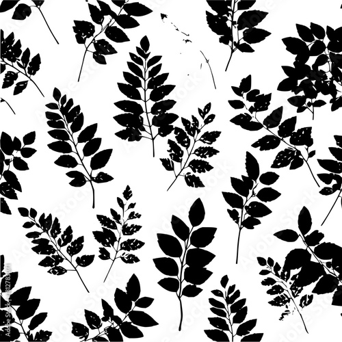 Black and white seamless pattern of stylized leaves and branches creating a dense foliage design
