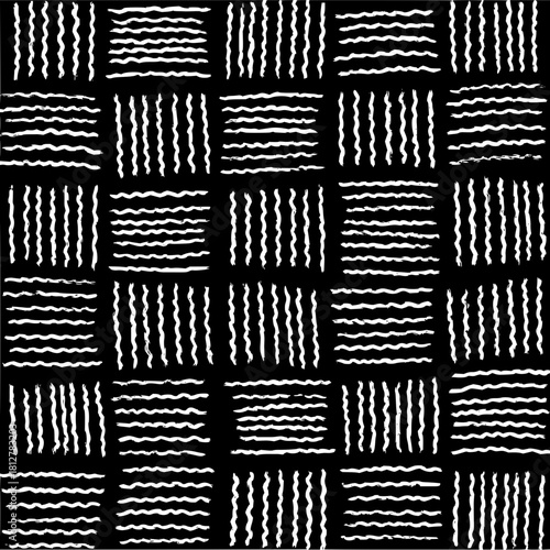 Abstract pattern of alternating vertical and horizontal white brush strokes on a black background design