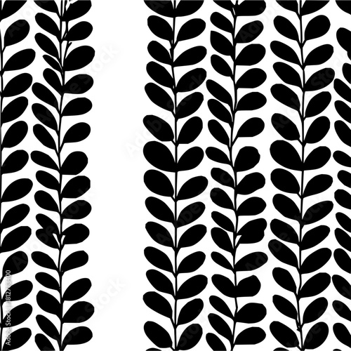 Illustration of vertical rows of black leaf patterns on a white background creating a botanical design