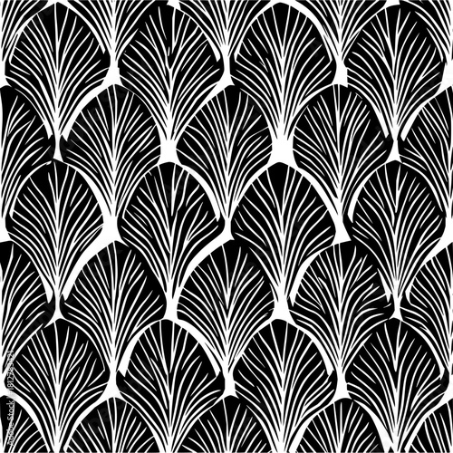 Abstract black and white seamless pattern with stylized leaves in a repeating design element motif