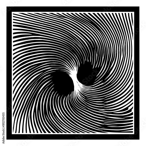 Abstract optical illusion with swirling lines converging towards a central void in black and white square frame