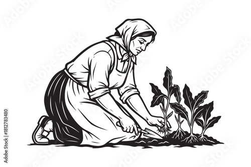 Woman in headscarf tending to plants in a garden