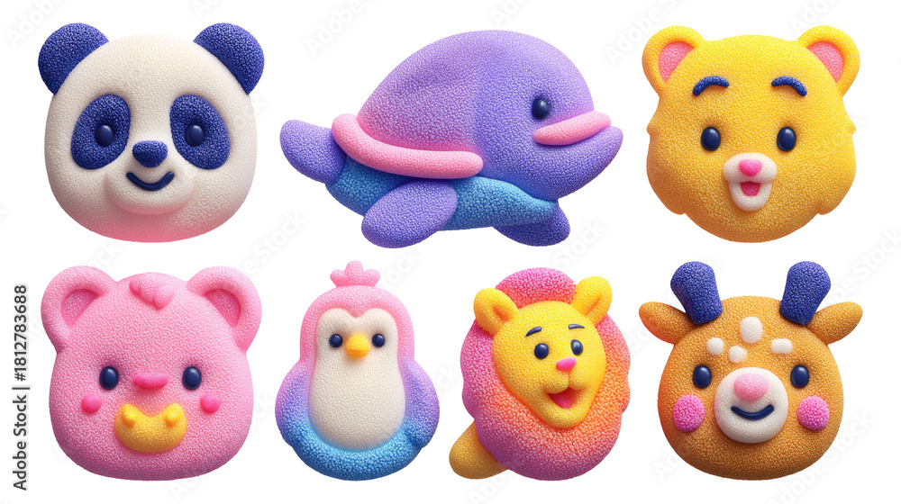 Obraz premium Cute 3D Animal Figurines Made of Soft Foam in Vibrant Colors on Transparent Background