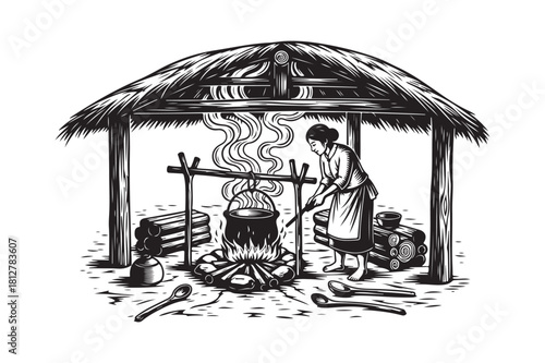 Ancient cooking scene under a thatched roof shelter